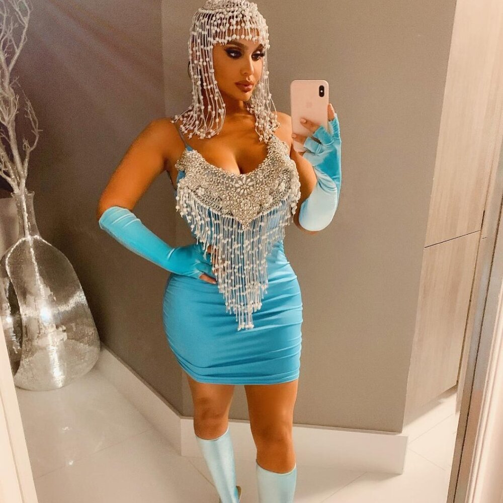 Kim Kardashian 2019 Met Gala Party Pearl Bead Headpiece Dress Socks Costume Set